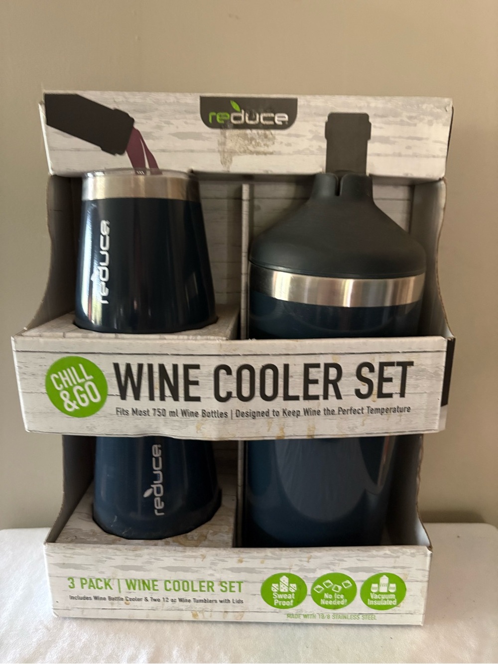 Reduce Chill & Go Wine Cooler Set — Navy 3-Piece Bottle Cooler and Tumblers